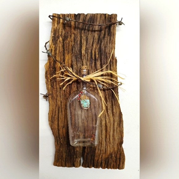 Handcrafted Old Bottle & #8 Turquoise Wall Hanging Barn Wood Bobwire Accent